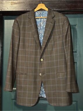 Loro Piana - J. Hilburn Custom Sport Coat 43 L Brown Blue Windowpane Plaid (EUC)